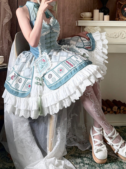 Mahjong-Themed Halter Top & Skirt Set in White & Green with Tassels - Maiden Portal