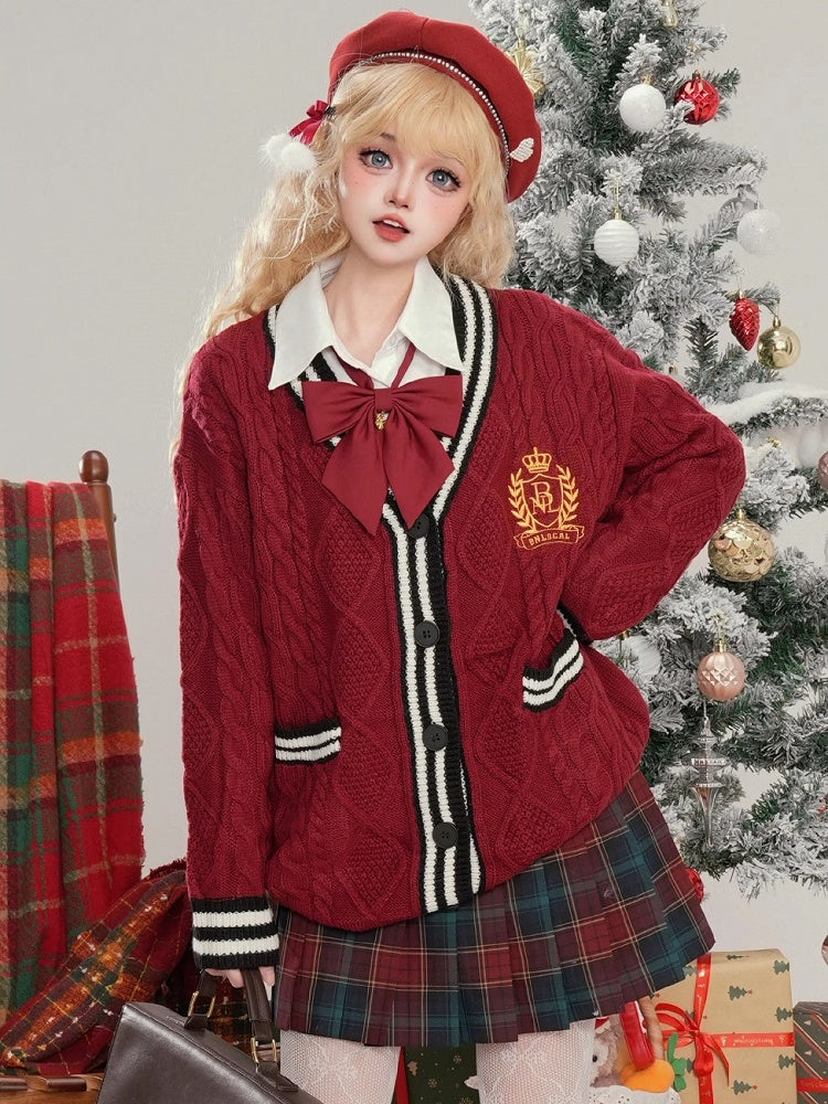 Christmas Red V-neck Preppy Loose Cardigan Contrast Striped Trim