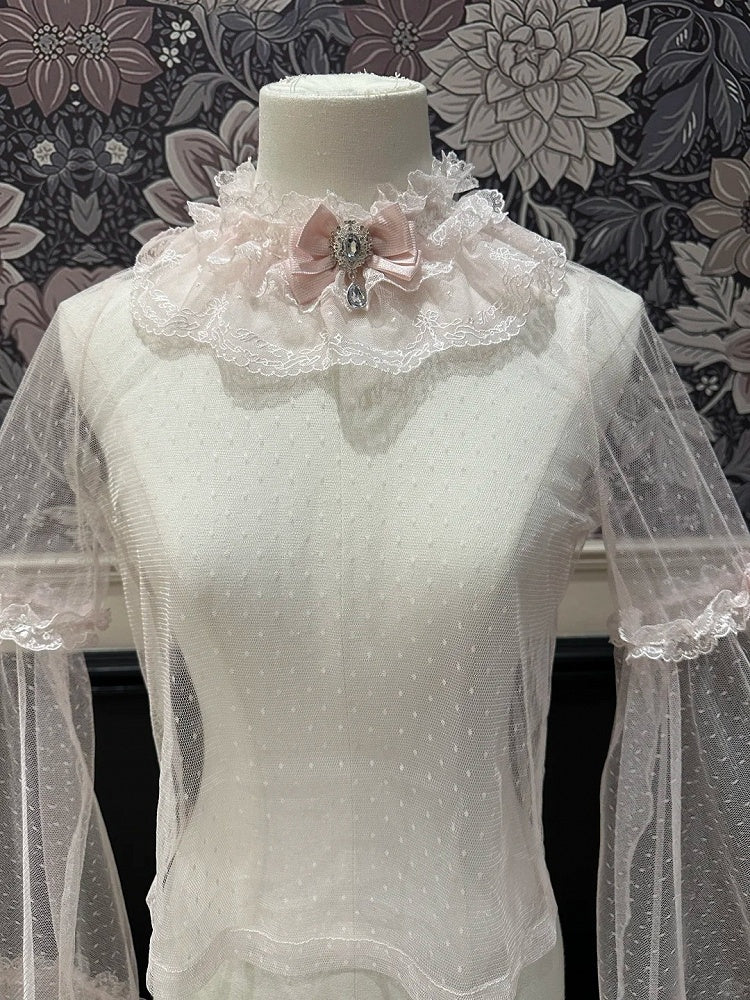 Sleeves Lolita Bell Sheer Lace-Trimmed Cuffs Top with Pink