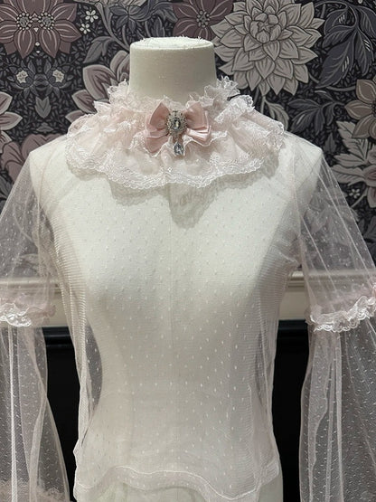 Sleeves Lolita Bell Sheer Lace-Trimmed Cuffs Top with Pink