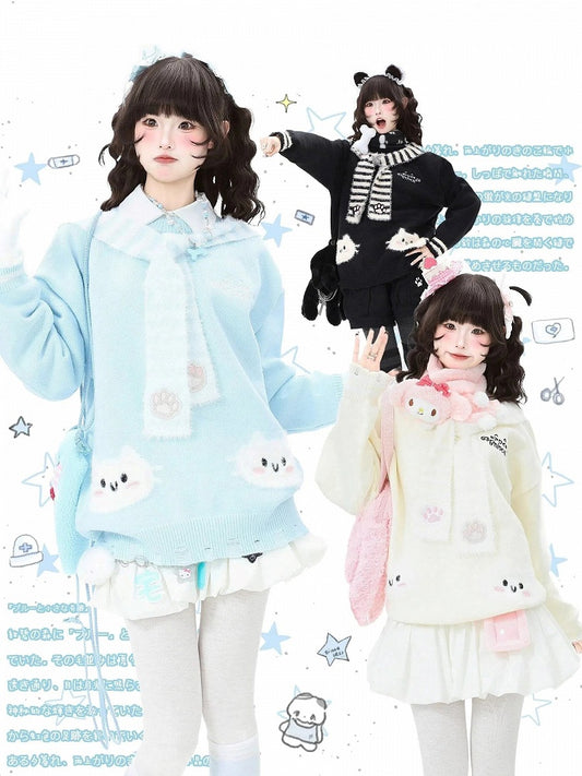 Sweater Scarf Paw Striped with Kawaii Pattern Cat Apricot/Black/Blue Embroidery Daily