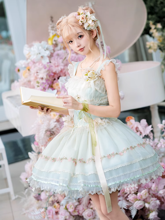Lolita Dress Ribbon Bowknots JSK Sleeves Decoration Sweet Green Boned Waist Balletcore Flutter
