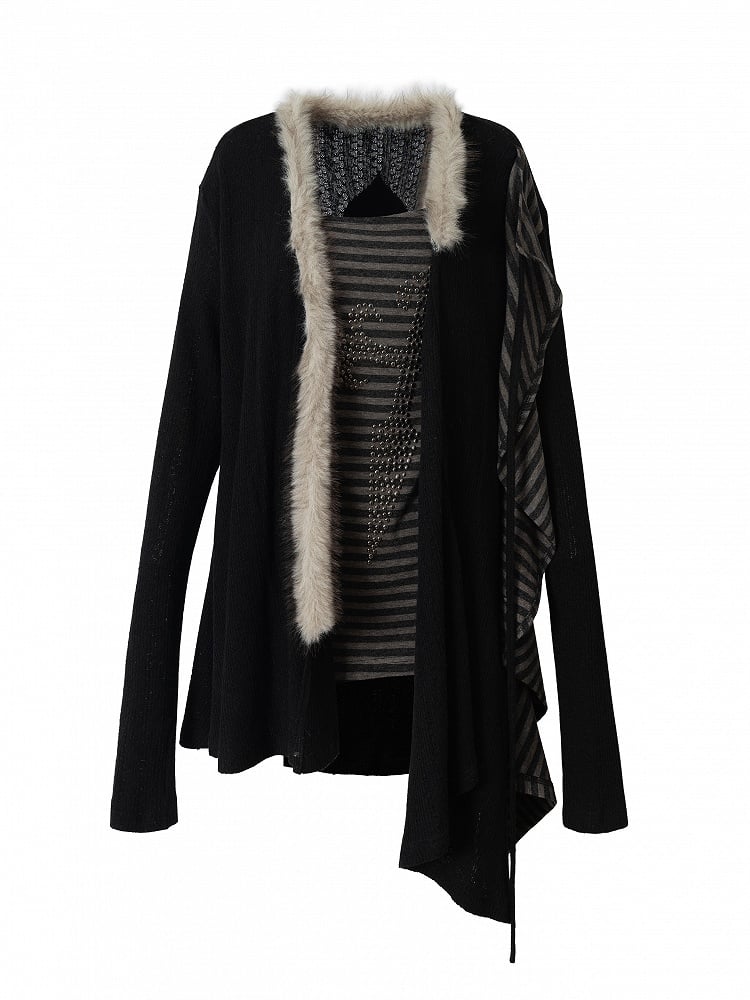 with Two Black Striped Piece Faux Vintage  Lining Cross Rhinestone Punk Top Back Applique