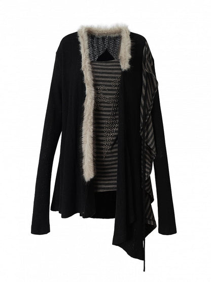 with Two Black Striped Piece Faux Vintage  Lining Cross Rhinestone Punk Top Back Applique