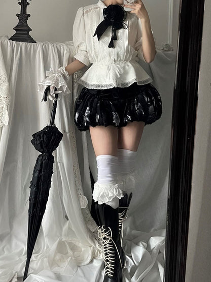Neckline Blouse Lolita Closed Ruffle with White Hem