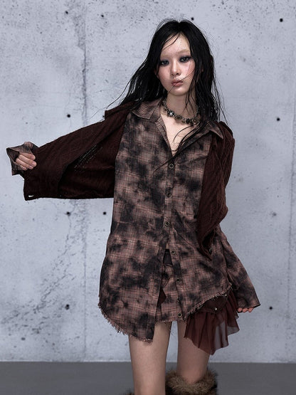 Long Shirt - Plaid Two-piece Sleeve Red Pattern Top Collar Brown