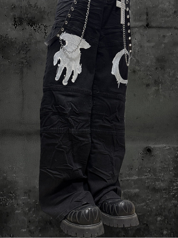 Moon with Pattern Black Cross Wide-leg Hand Jeans Patch Y2K