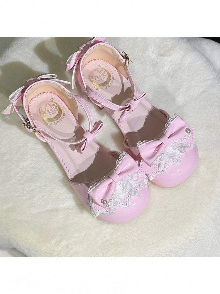 Pastel Pink Bow-Embellished Low Heel Mary Janes with Lace Accents - Fairy Godmother