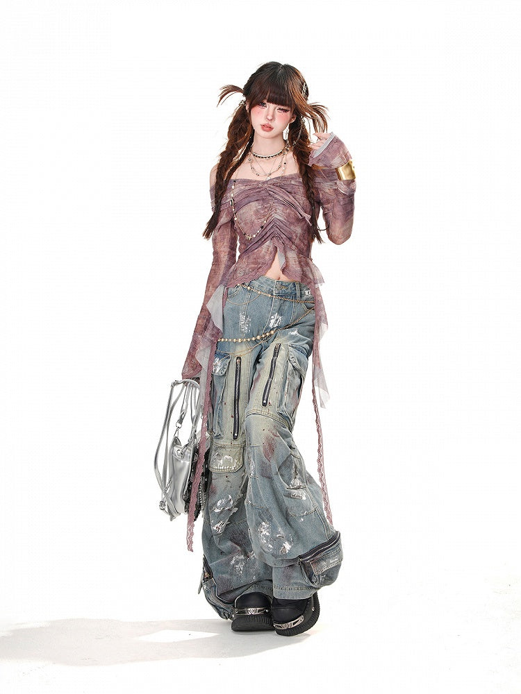 Top Drawstring Purple/Gray Off-the-shoulder Neckline Design Glamorous