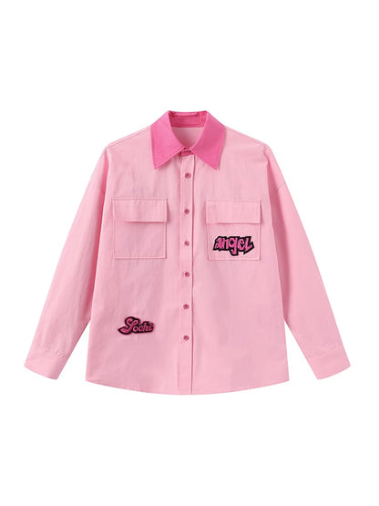Collar Patches Pink Contrast Letter Embroidered with Shirt