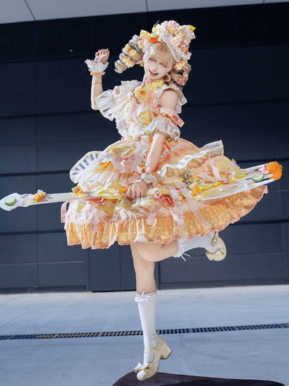 JSK Accents Tiered Sweet Persimmon Bow Lolita Full Cake Orange Set Skirt