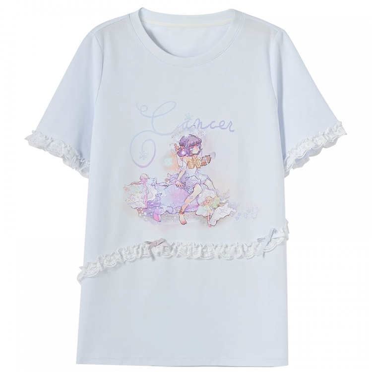 ブルー ラウンドネック レース ルーズ Tシャツ アップリケ 蟹座 星座プリント
