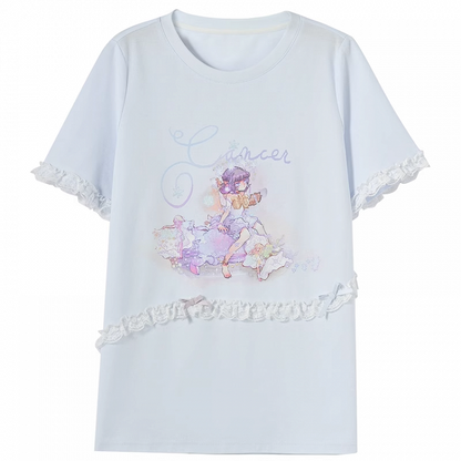 ブルー ラウンドネック レース ルーズ Tシャツ アップリケ 蟹座 星座プリント