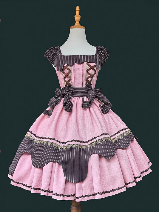 Pink Striped Square Details Sweet with Dress Bow Brown Neckline Lolita