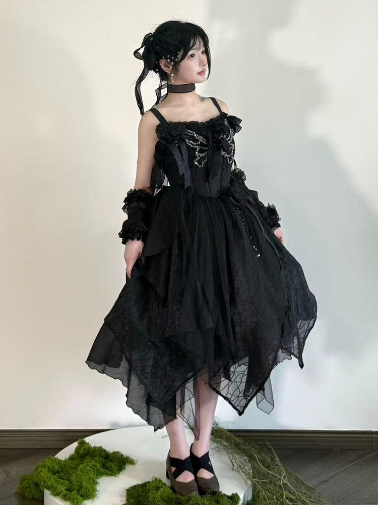 Black Asymmetrical Hem Lolita JSK Gown with Butterfly Rhinestones S-3XL - Sweet Wood Lolita