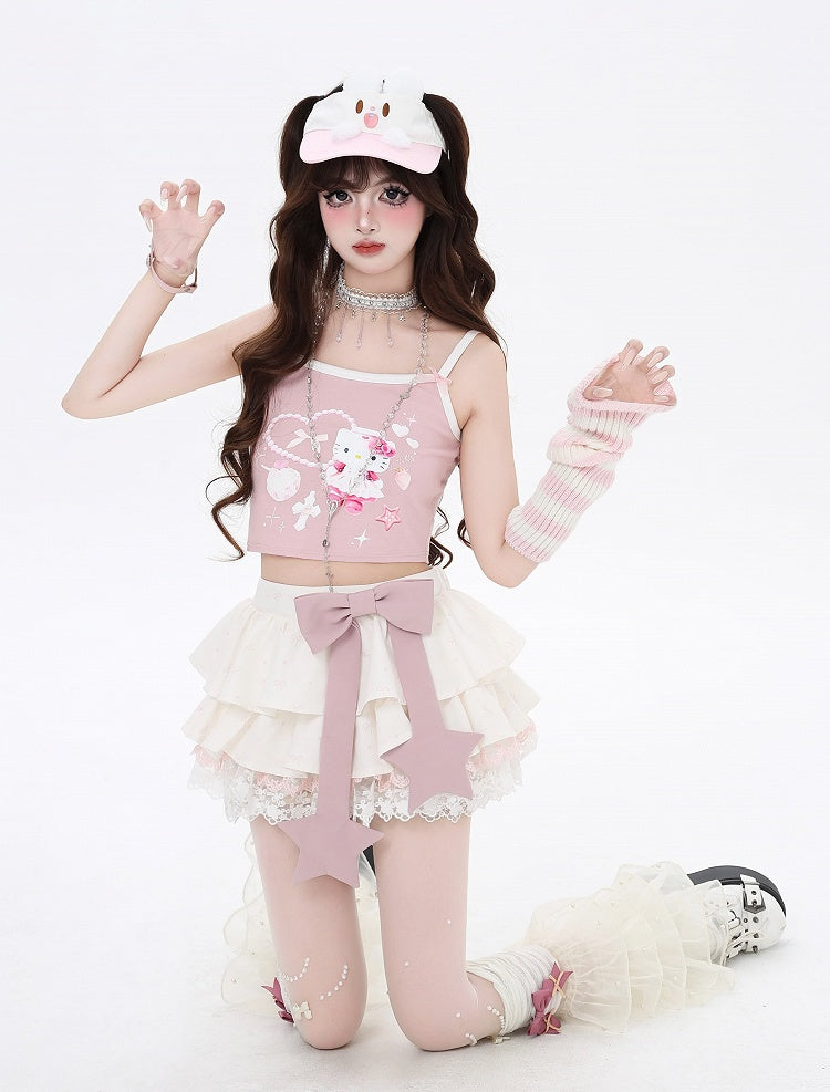 アプリコットトリムレース総柄ボウノットプリント裏地ティアードスカート ピンクビッグリボン