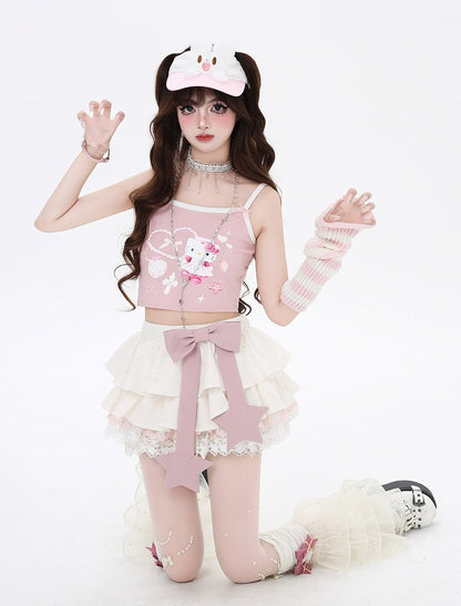 Big Pink Lined Tiered Skirt Apricot Bow Trim Allover Bowknot Print Lace