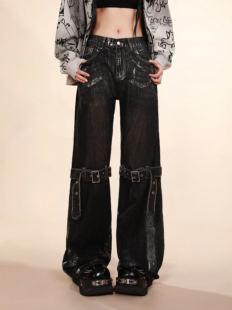 mit verstellbarem Kniegürtel Design Taille Weites Bein Jeans Schwarz Niedrig