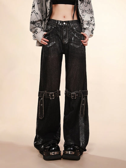 mit verstellbarem Kniegürtel Design Taille Weites Bein Jeans Schwarz Niedrig