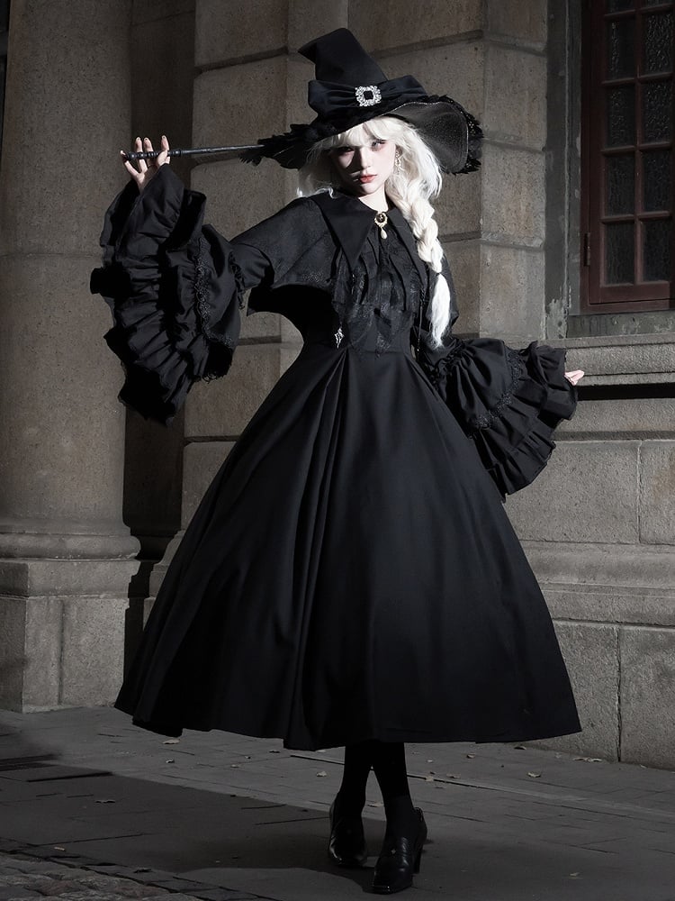 Lolita Bell Pointed Clearance-Size Long M Bust 90CM Gothic Witchy Sleeves Dress Collar Black for