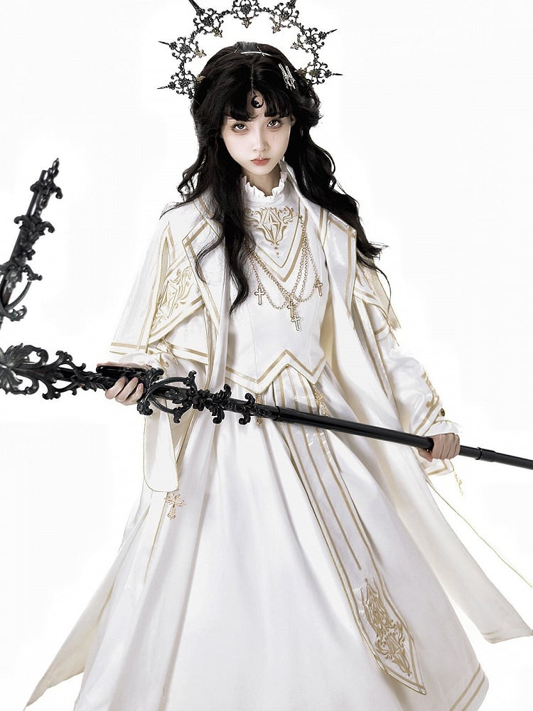 White Gold Long Sleeve Gothic Lolita Dress Coat Cross Accents - Xiong Dou Jiang