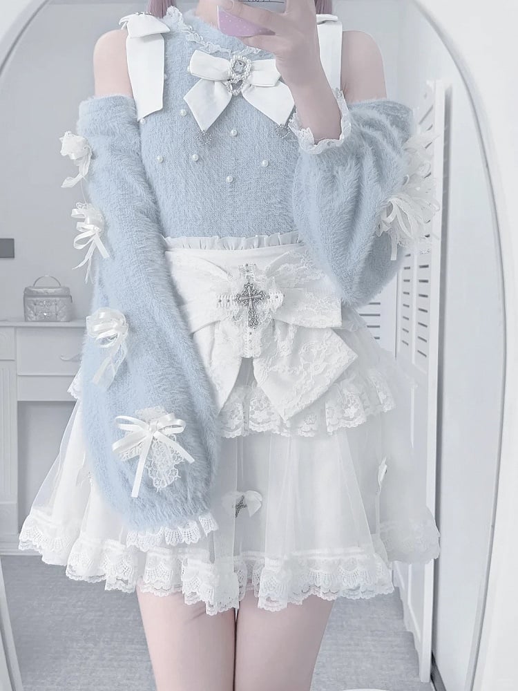 Light Blue Open Shoulder Jirai Kei Sweater - Lace Bow Sleeve with Delicate Beadwork