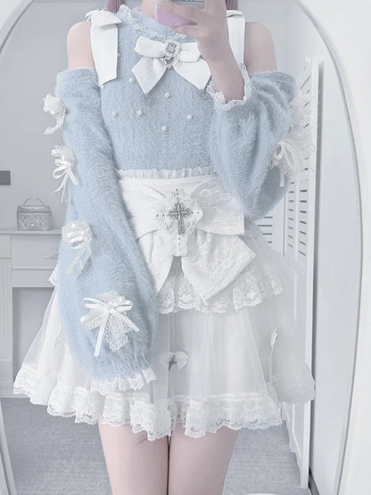 Light Blue Open Shoulder Jirai Kei Sweater - Lace Bow Sleeve with Delicate Beadwork