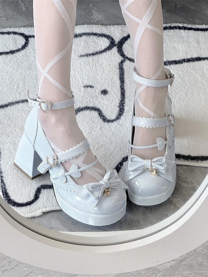 Snap Blue Heart-Shaped Block Lolita PU Elegant Platform Light Heels Bow High with Accents