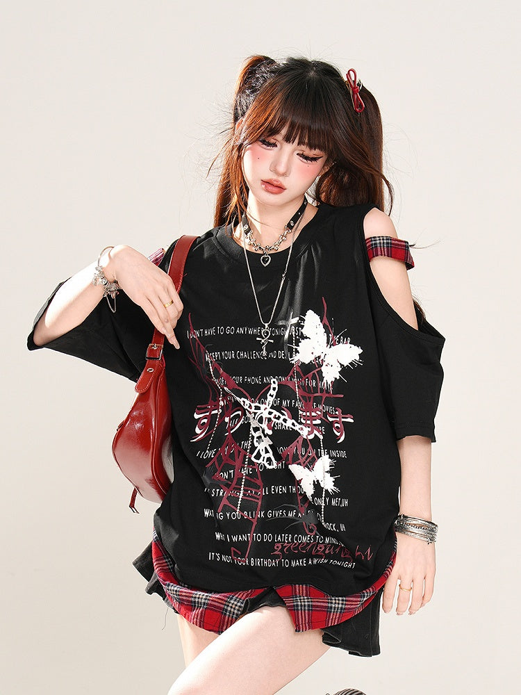 Rebel Hunter Butterfly and Spider Cutout Shoulder Plaid Patchwork Hem Black/White T-Shirt