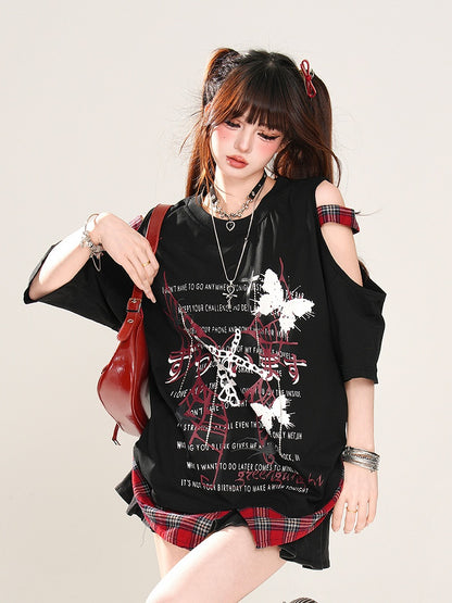 Rebel Hunter Butterfly and Spider Cutout Shoulder Plaid Patchwork Hem Black/White T-Shirt