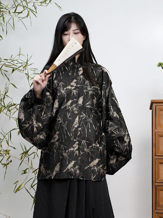 Black Banded Unisex Collar Han-inspired Blouse -