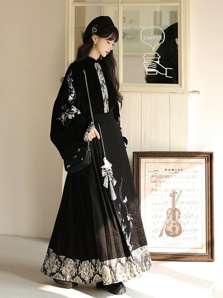 Oriental Embroidered Floral Blouse in Black & Purple with Fuzzy Trim Vest and Pleated Skirt - Han Ru Chu Hanfu &amp; Han-Element Studi