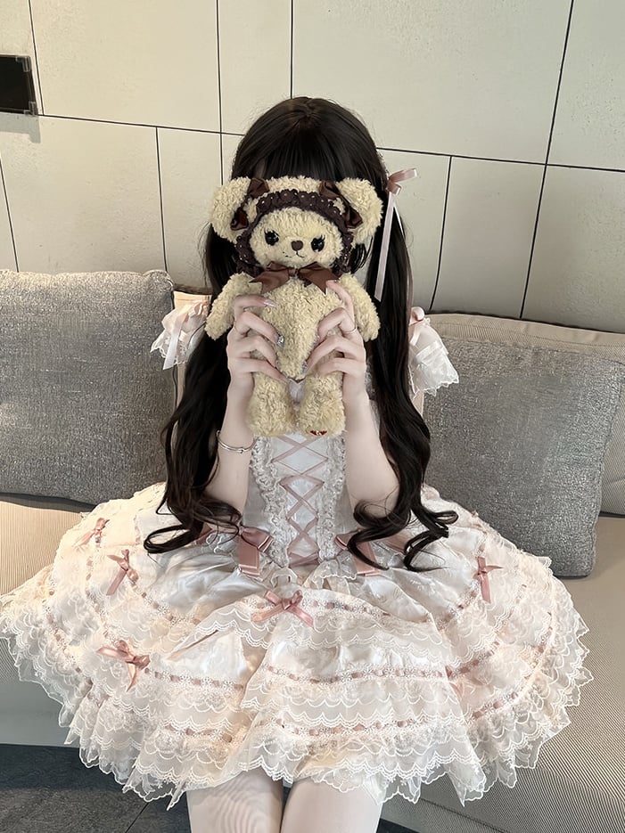 Details Multi-Layered Bow Princess Dress Lace Lolita Apricot Jacquard with