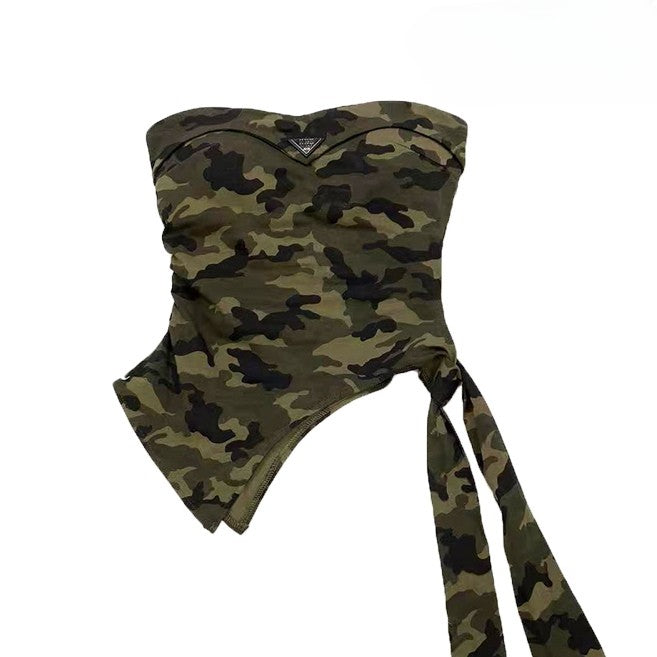 Bittersweet Asymmetrical Strap Self-tie Army Camo Green Pattern