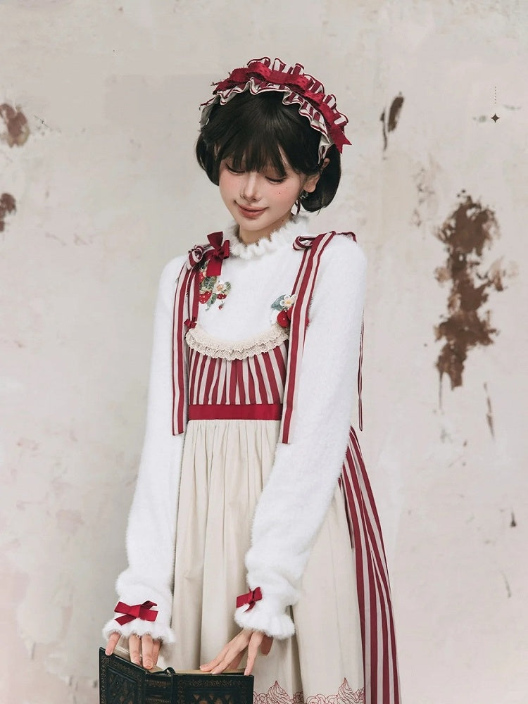 on Embroidery Autumn Top Neckline White Cuffs Knit Bowknot Strawberry