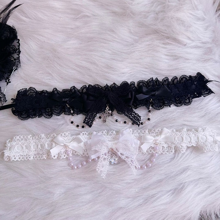 Lace White/Black Chain Bead with Bow and Choker