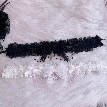 Lace White/Black Chain Bead with Bow and Choker