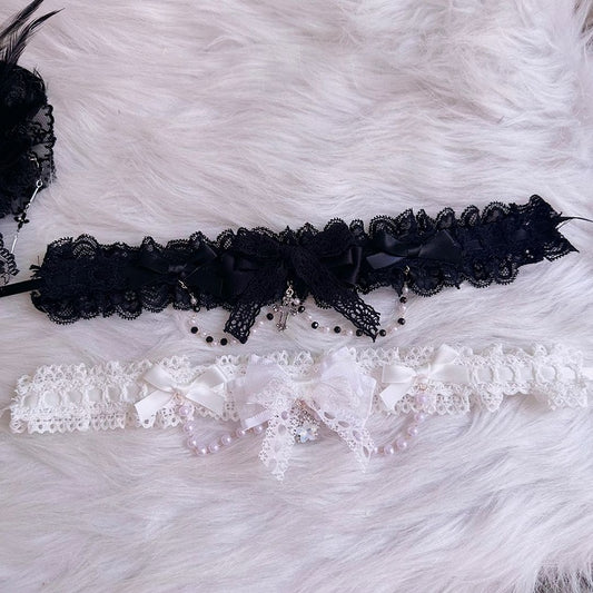 Lace White/Black Chain Bead with Bow and Choker