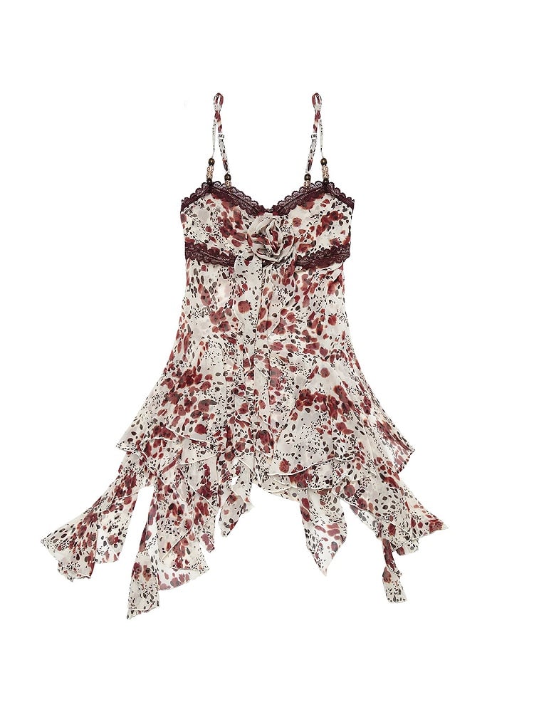Handkerchief Floral Hem Slip and Lace Red Trim Dress Punk Y2K Print with