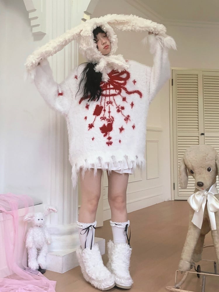 Chime Jacquard and Wind Cozy White Fuzzy Sweater with Distress Trim and Bow