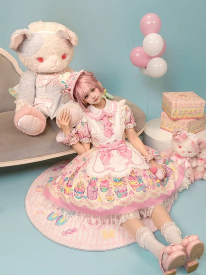 and White Collar Pan Pink Lolita Peter Bunny Cupcake Dress Print Maid
