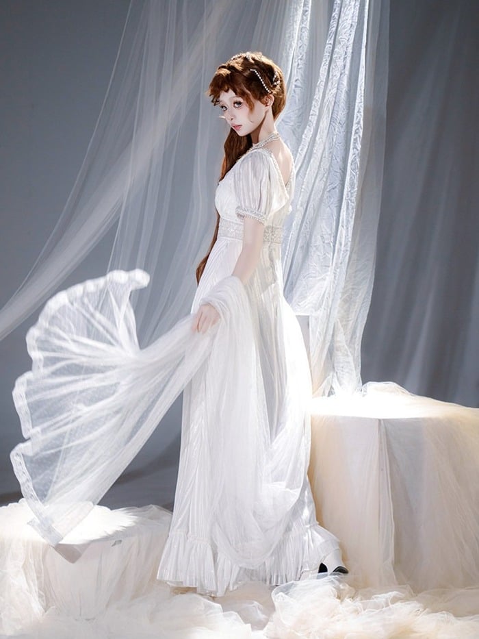 White Square Neckline Empire Dress Lolita OP with Bead Details - sanshanjiu