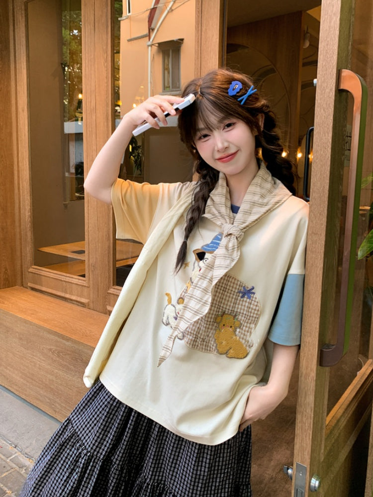 カラーブロックデザイン パピー刺繍Tシャツ オレンジブルー