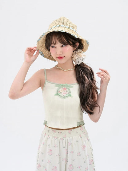 Cami Top mit Blumenverzierung, Stickerei und Schleifen, Weiß, kurz