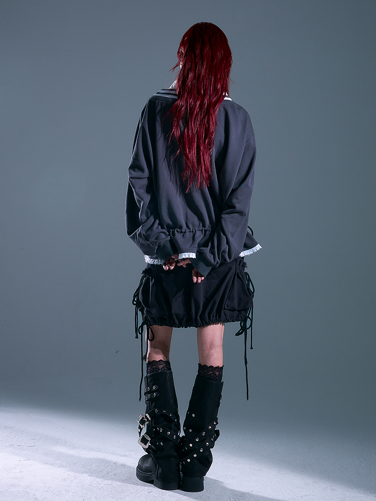 Top Two-Piece - Heart-shaped Waist Sleeve Faux Print Long Drawstring Gray