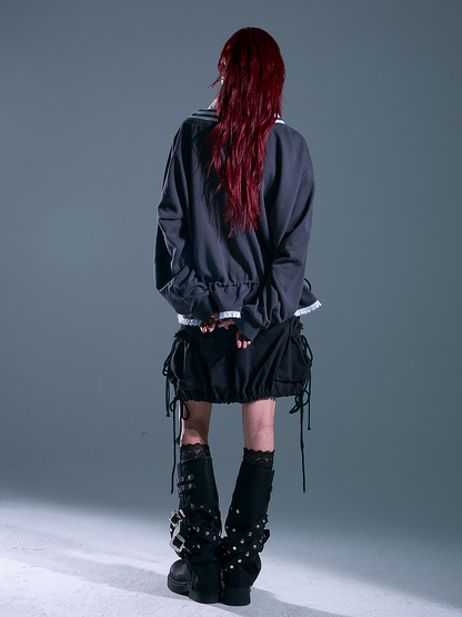 Top Two-Piece - Heart-shaped Waist Sleeve Faux Print Long Drawstring Gray