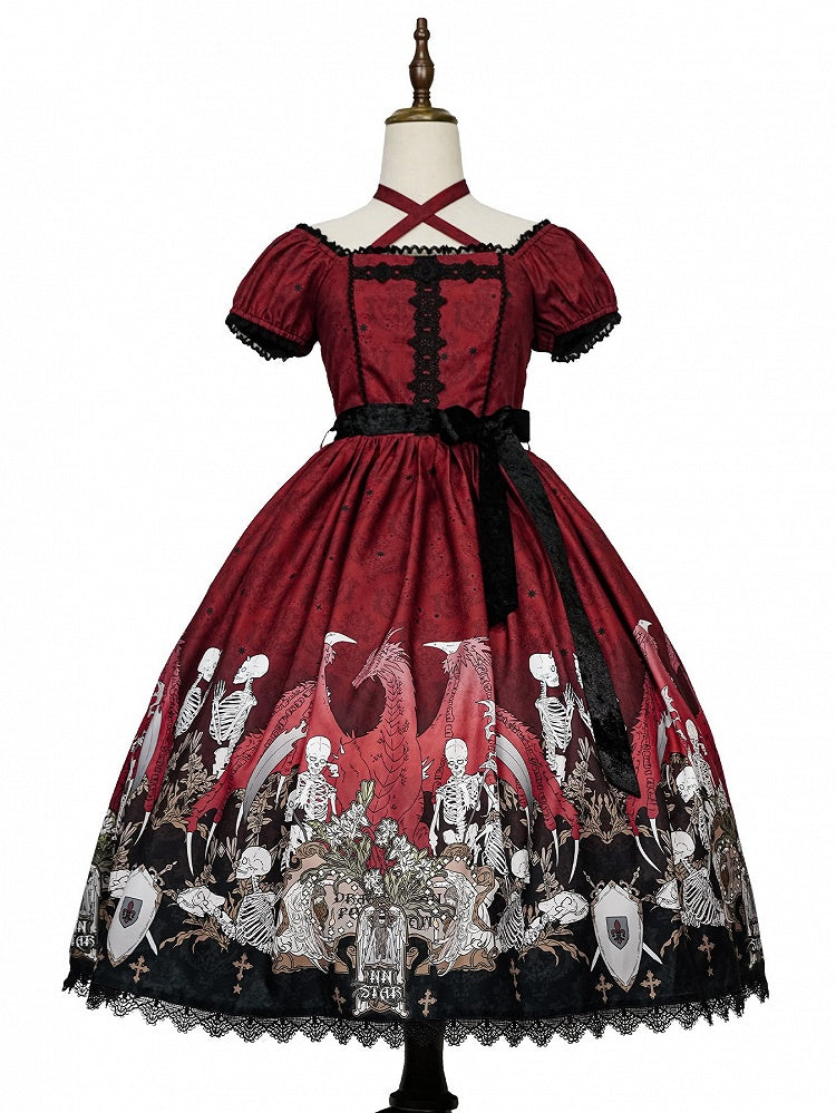 Lace Trim Black Dress Red Lolita and with Cross Print Skeleton Gothic