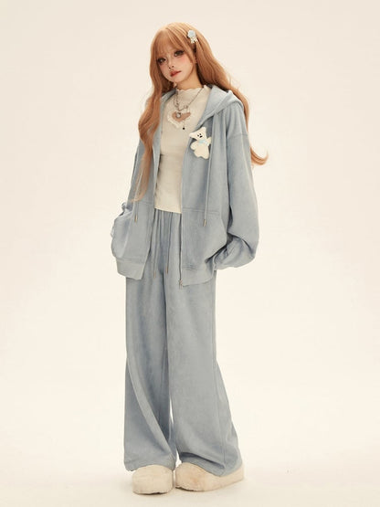 Drawstring Hood Bear Relaxed Jacket with Toy Fit Blue White