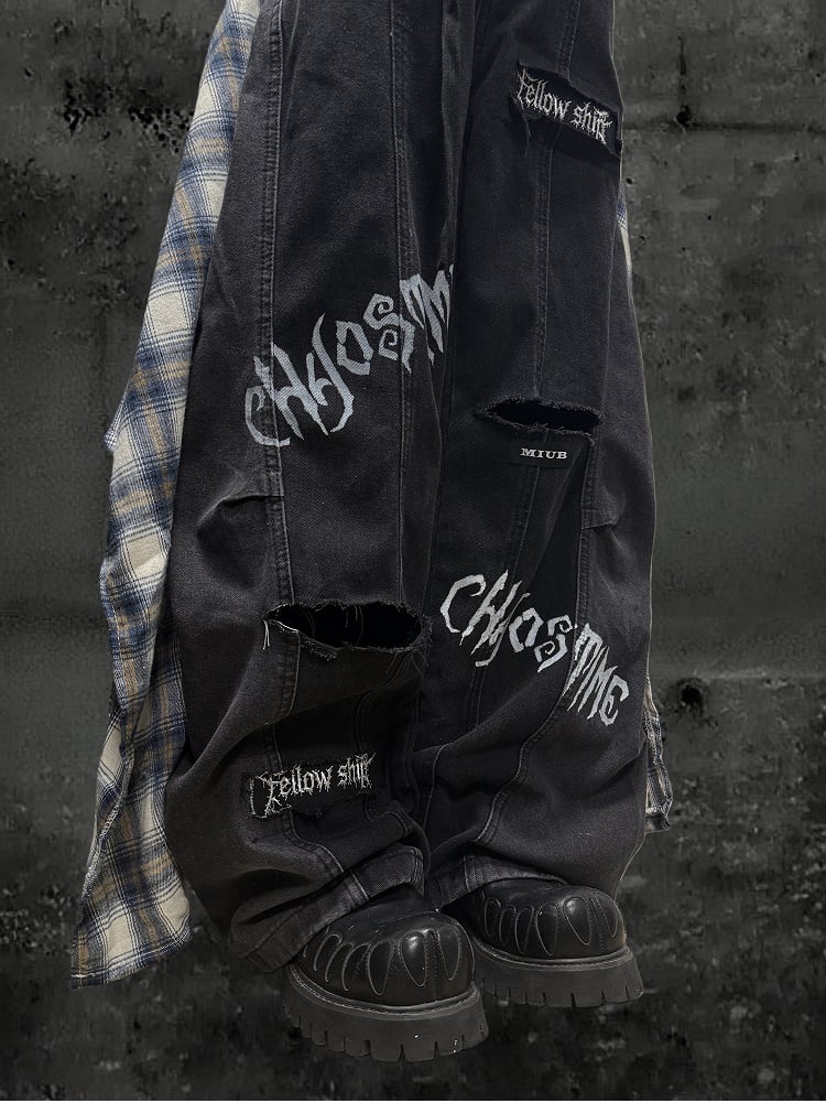 Letter Distressed Black Pattern Two-piece with Y2K Holes Jeans Wide-leg