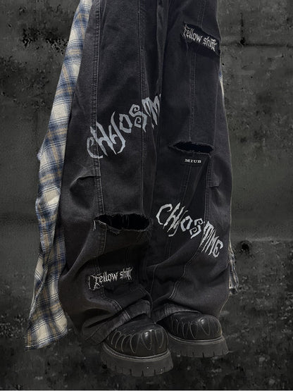 Letter Distressed Black Pattern Two-piece with Y2K Holes Jeans Wide-leg